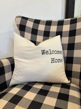 Welcome Home Decorative Throw Pillow - Cream with Black typewriter Text